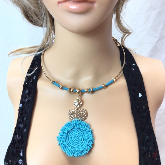 Est 1946 Bluefish Turquoise Blue Beaded Wire Choker Statement Necklace #C1 - Picture 5 of 8